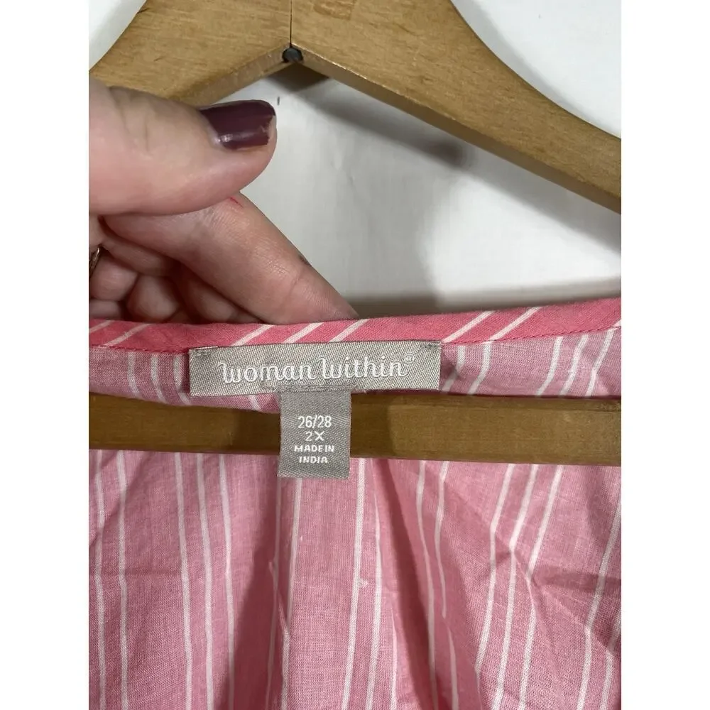 Woman Within Tunic Top 2X 26/28 Pink White French Ticking Stripe Preppy Coastal - Picture 5 of 11